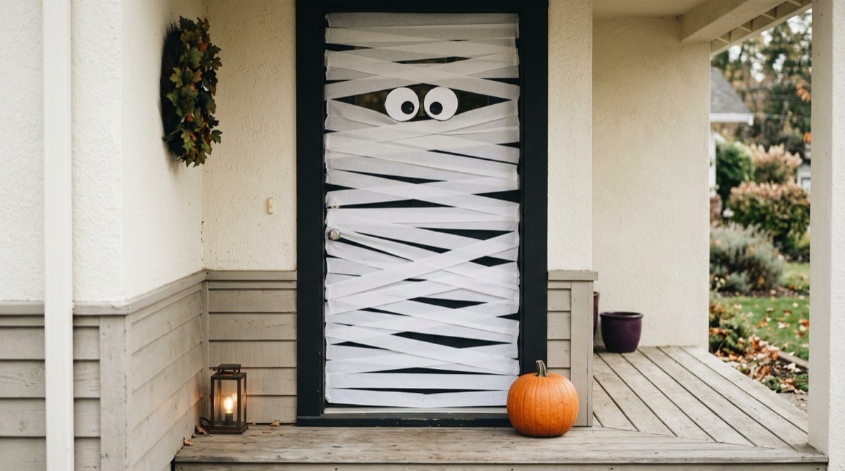 Front door wrapped in white crepe paper strips like a mummy, two paper eyes showing
