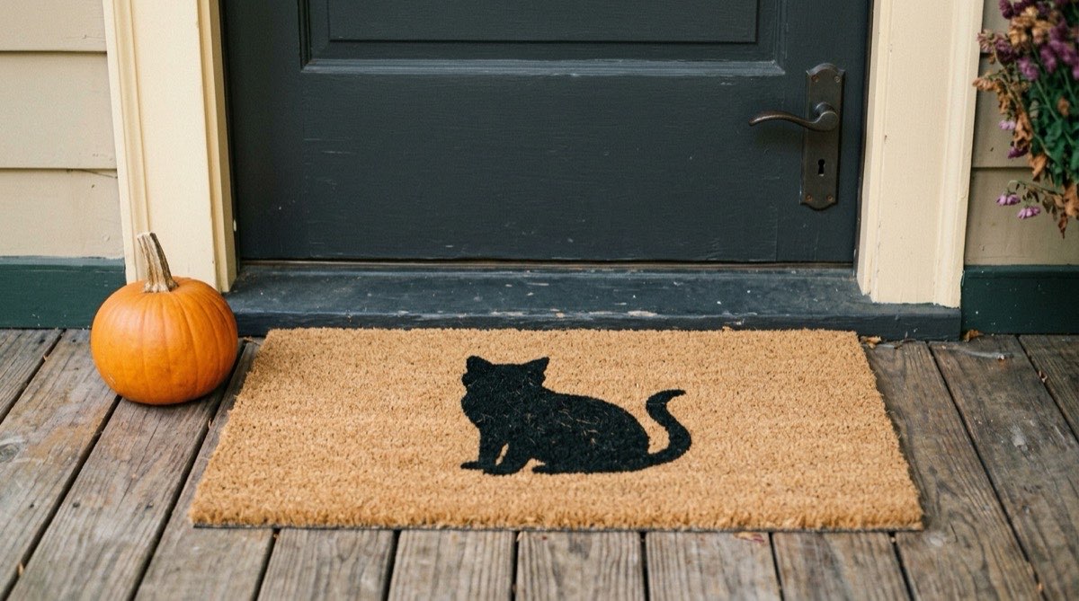 Coir doormat with a black cat silhouette in front of a dark door and a small pumpkin