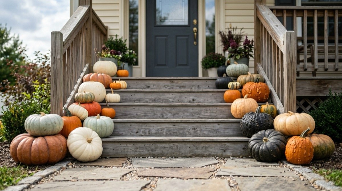 Heirloom pumpkins in white, green and orange stacked along wooden porch steps