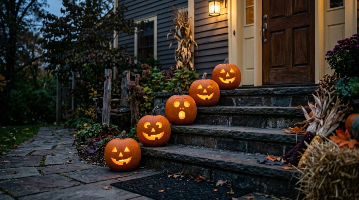 Carved jack-o'-lanterns with different faces glowing on stone steps at dusk