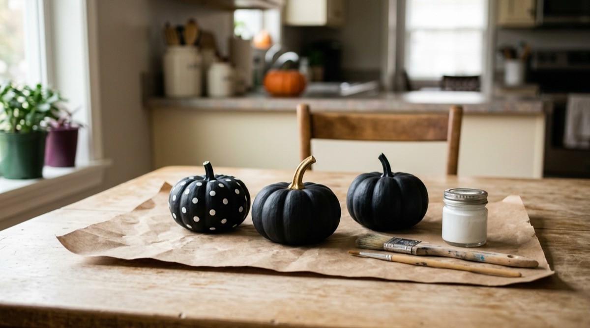 Small pumpkins painted matte black with white dots and a gold stem, brushes beside them