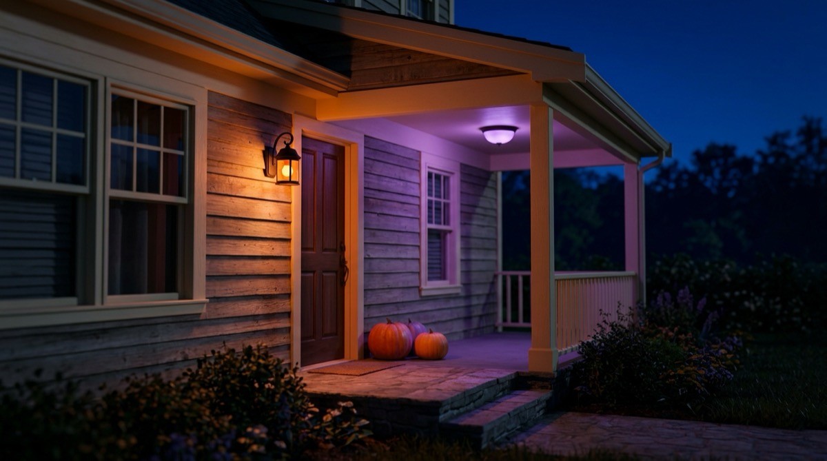 Front porch at night glowing orange and purple from colored bulbs in the lanterns