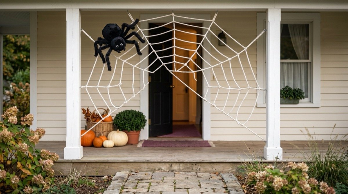 Large rope spider web between two porch posts with one oversized black spider