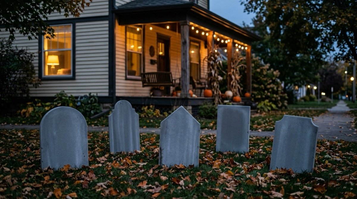 Blank gray foam tombstones at slight angles on a front lawn among fallen leaves