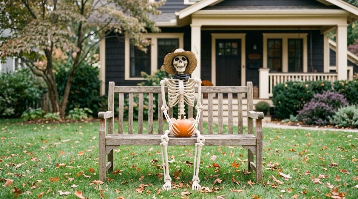 Life-size skeleton sitting on a garden bench in a front yard, holding a small pumpkin