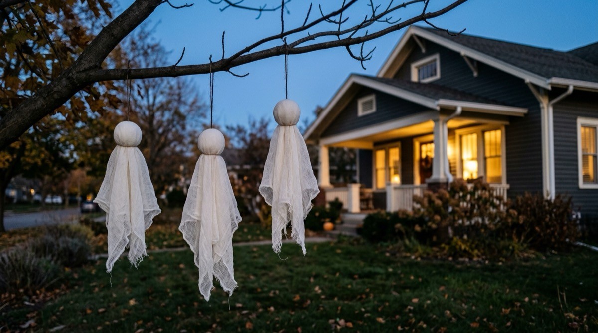 Three white cheesecloth ghosts hanging from a bare tree branch at dusk