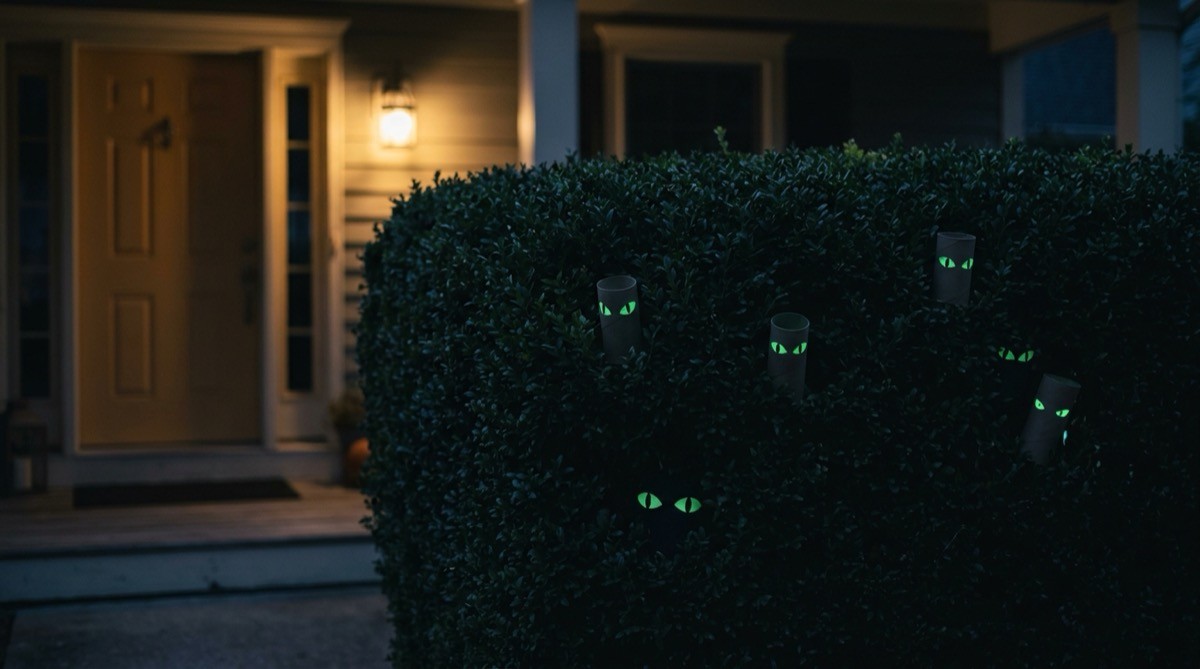 Pairs of glowing green eyes peeking out of a dark front hedge at night