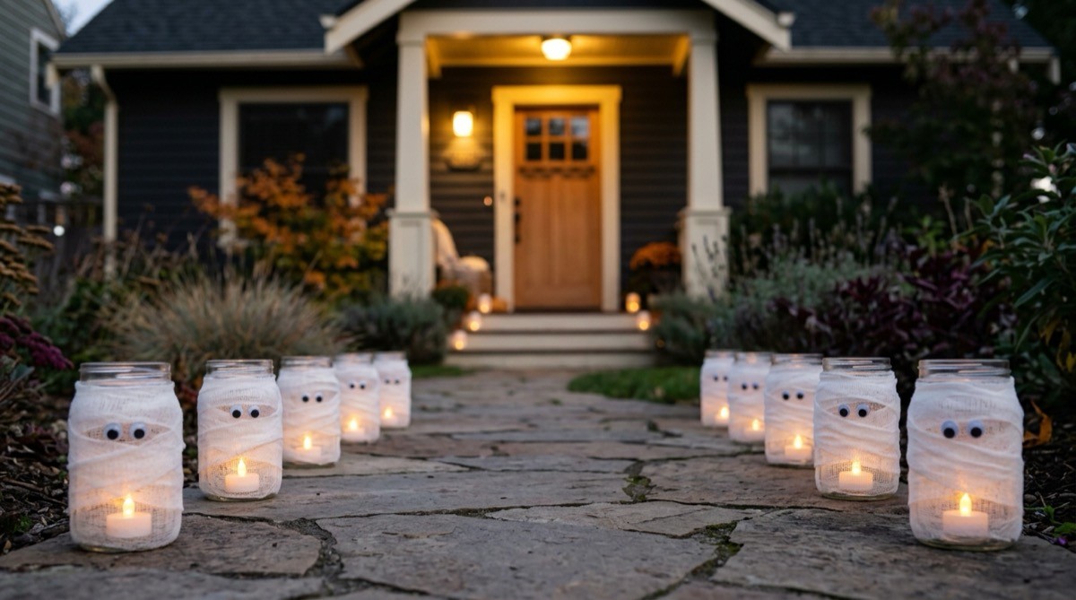 Mason jars wrapped as mummies glowing with tea lights along a garden path