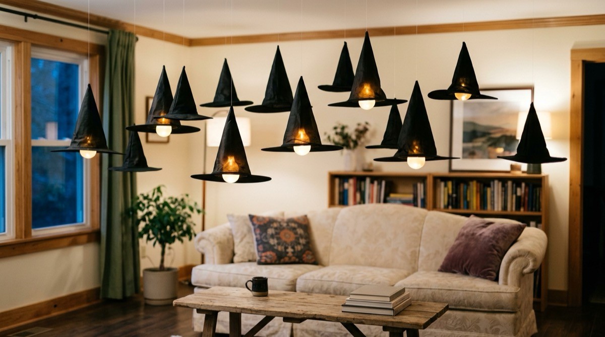 Black witch hats floating at different heights from a living room ceiling
