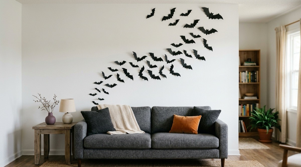 Black paper bats in three sizes swirling up a white living room wall
