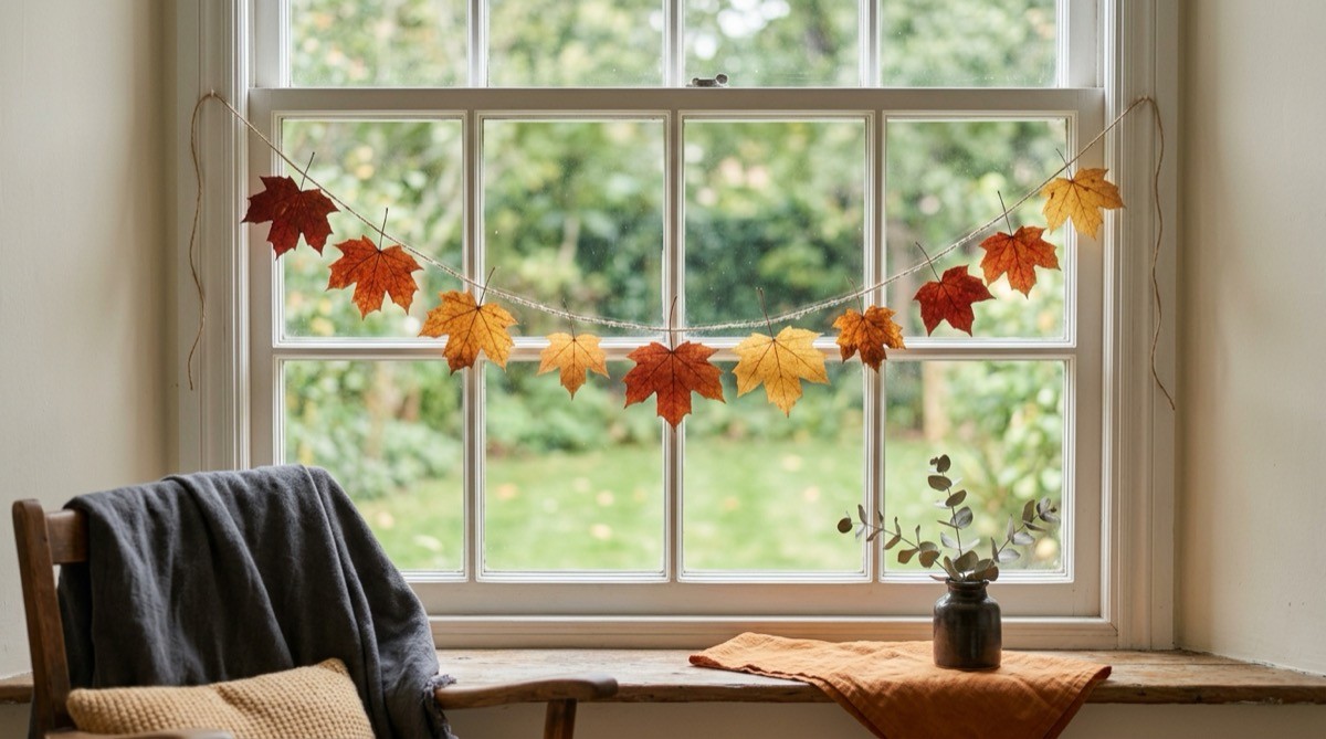 Garland of pressed red and orange maple leaves strung on twine across a window