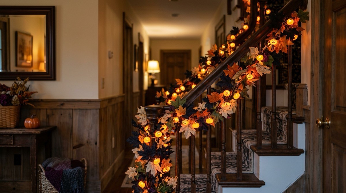 Staircase banister wrapped with pumpkin string lights and a faux autumn leaf garland