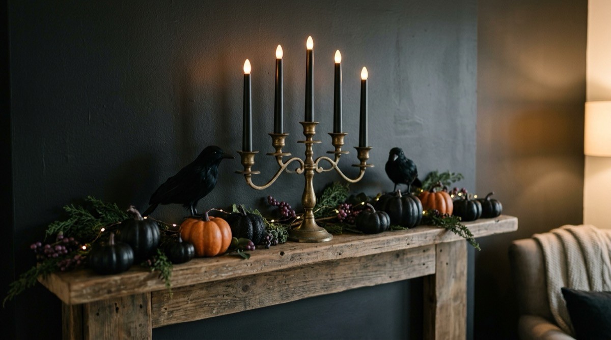Fireplace mantel with a tarnished brass candelabra, black taper candles and faux crows