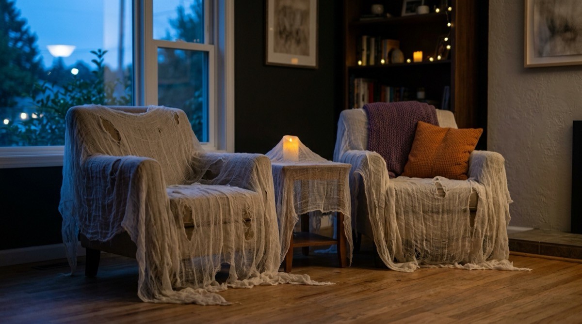 Armchairs draped in torn white gauze in a dim living room like an abandoned house