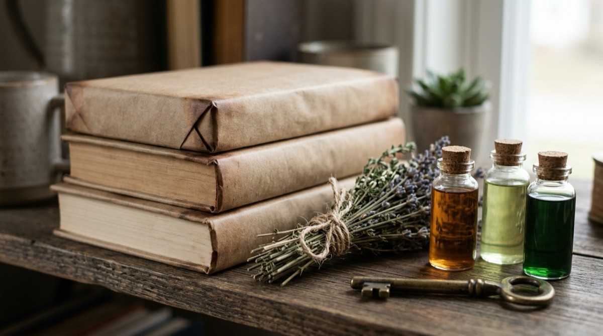 Old books wrapped in kraft paper stacked with dried herbs and small glass bottles