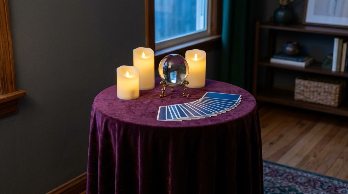 Fortune teller table with a velvet cloth, a glass crystal ball and tarot cards face down