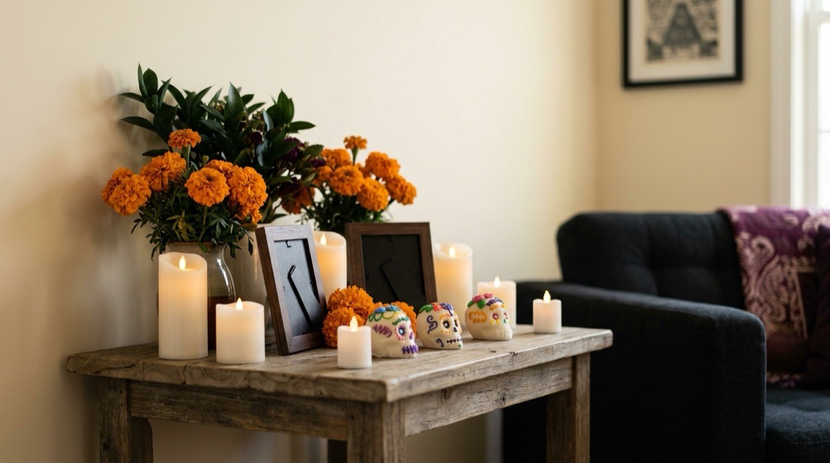 Small Día de los Muertos ofrenda with orange marigolds, candles and decorated sugar skulls
