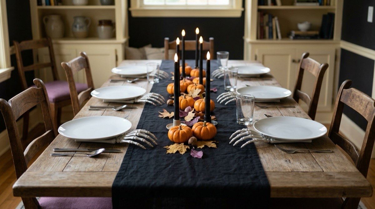 Halloween dinner table with a black runner, mini pumpkins and skeleton hands under the plates