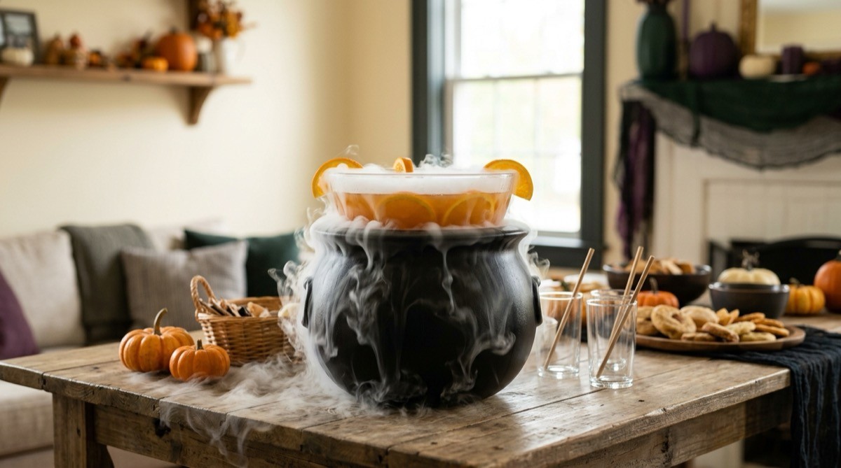 Black cauldron on a party buffet with dry ice fog spilling over the rim