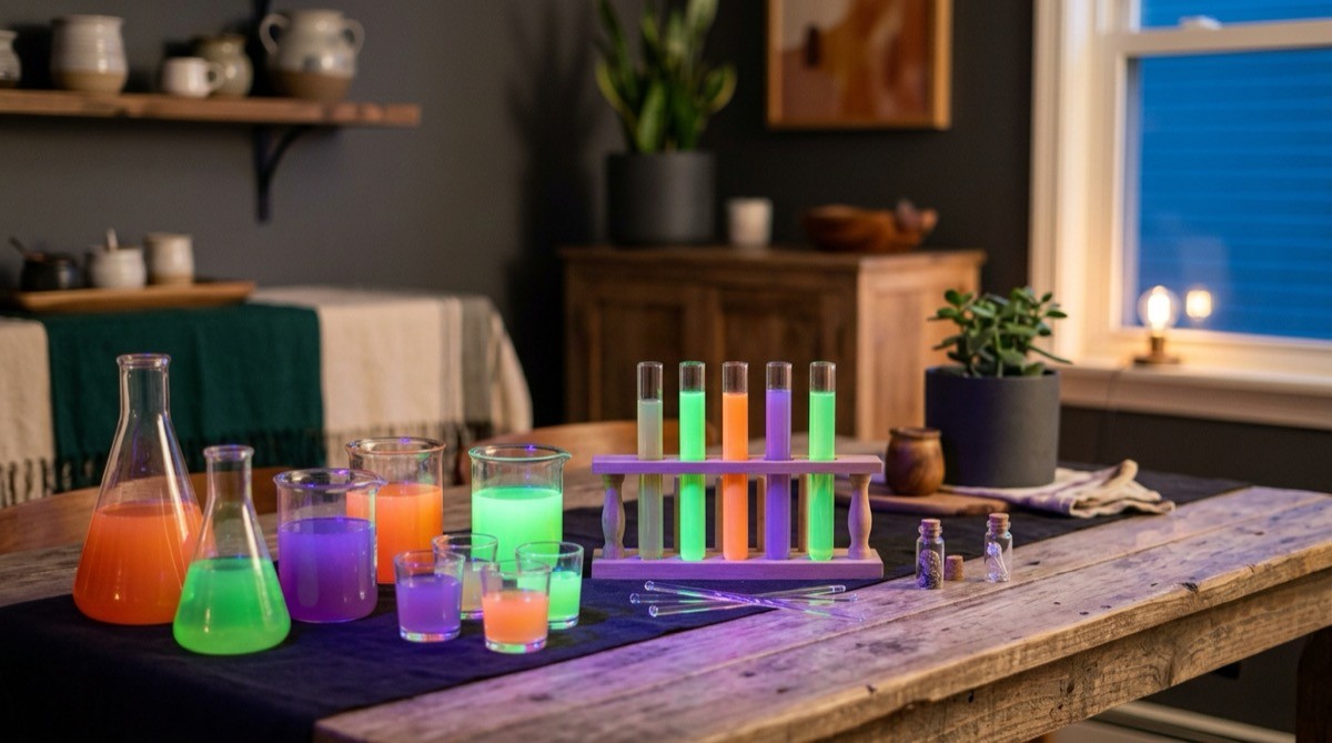 Drinks table set as a mad scientist lab with beakers of green, orange and purple drinks