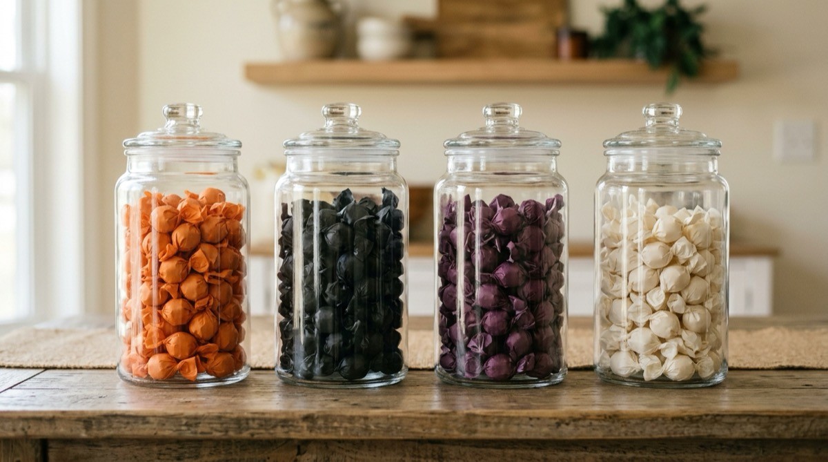 Glass apothecary jars on a sideboard filled with wrapped candy sorted by color