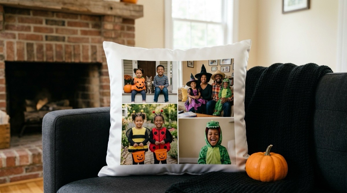 Square pillow cover printed with a four photo collage of past Halloween costumes on a sofa