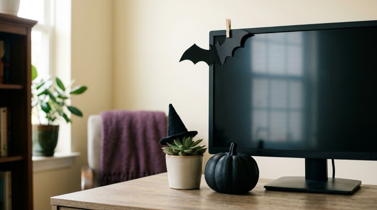 Office desk with a black pumpkin, a paper bat on the monitor and a tiny witch hat