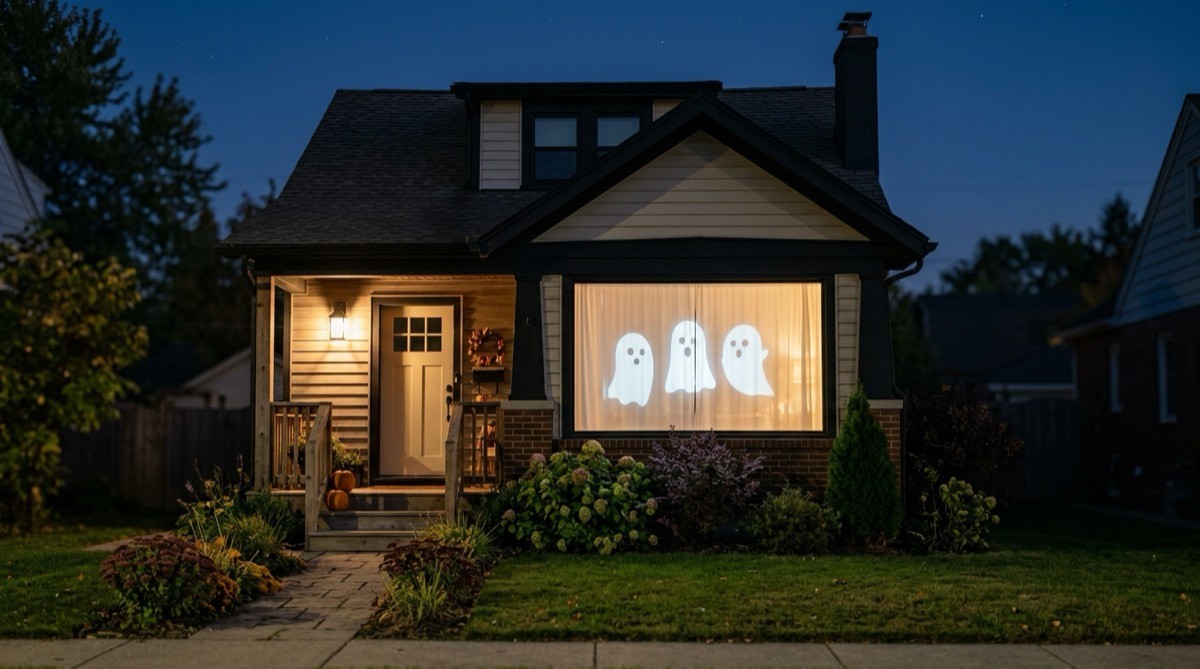 House at night with pale ghost shapes projected onto a sheer curtain in the front window