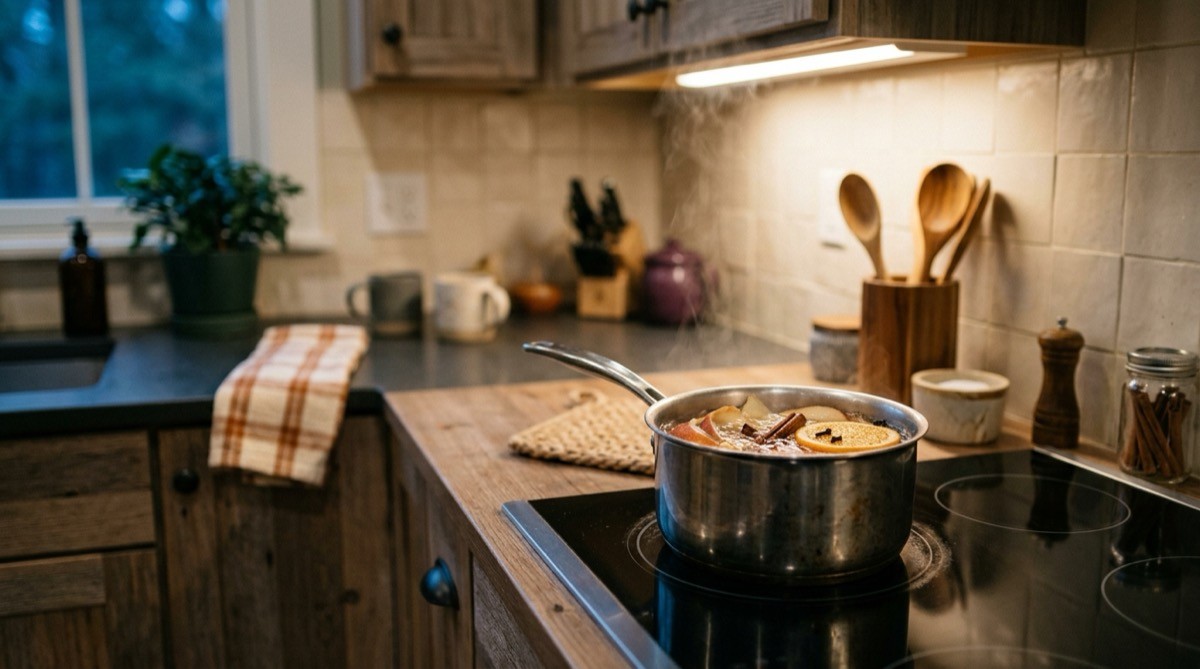Pot of apple peels, orange slices and cinnamon sticks simmering on a stove