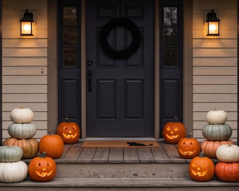 A front porch at dusk with stacked white and green pumpkins, carved jack-o-lanterns on the steps and a black wreath on the door