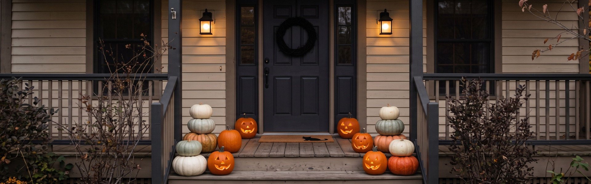 A front porch at dusk with stacked white and green pumpkins, carved jack-o-lanterns on the steps and a black wreath on the door