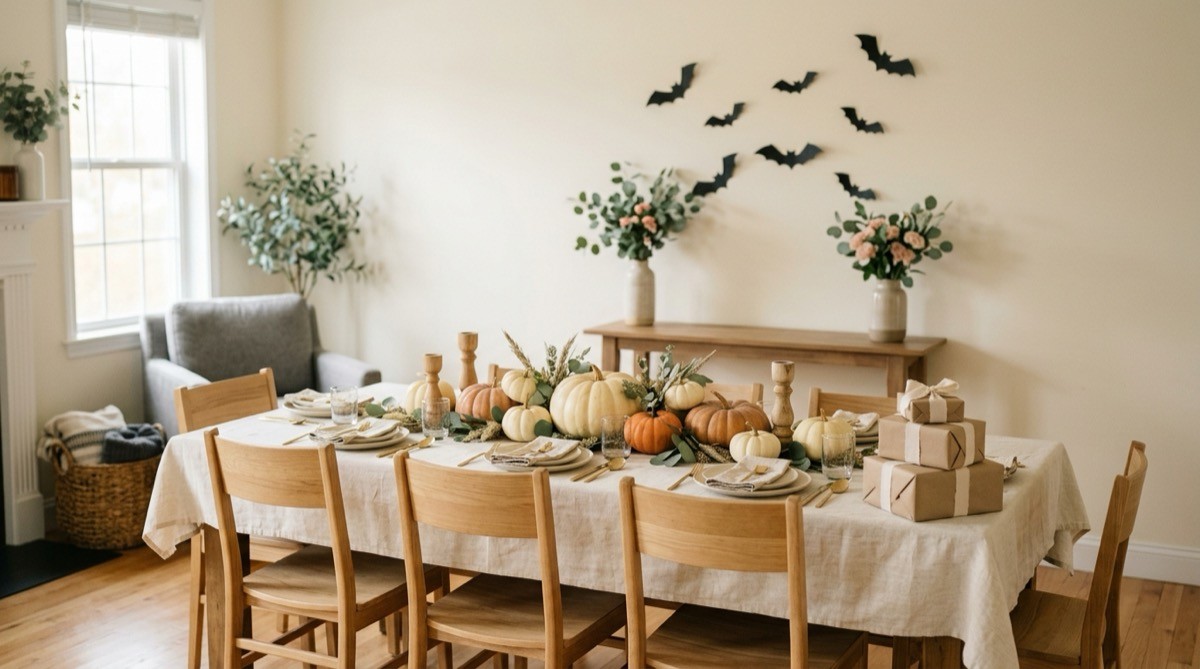 Party table set with cream pumpkins and paper bats for a cute Halloween baby shower