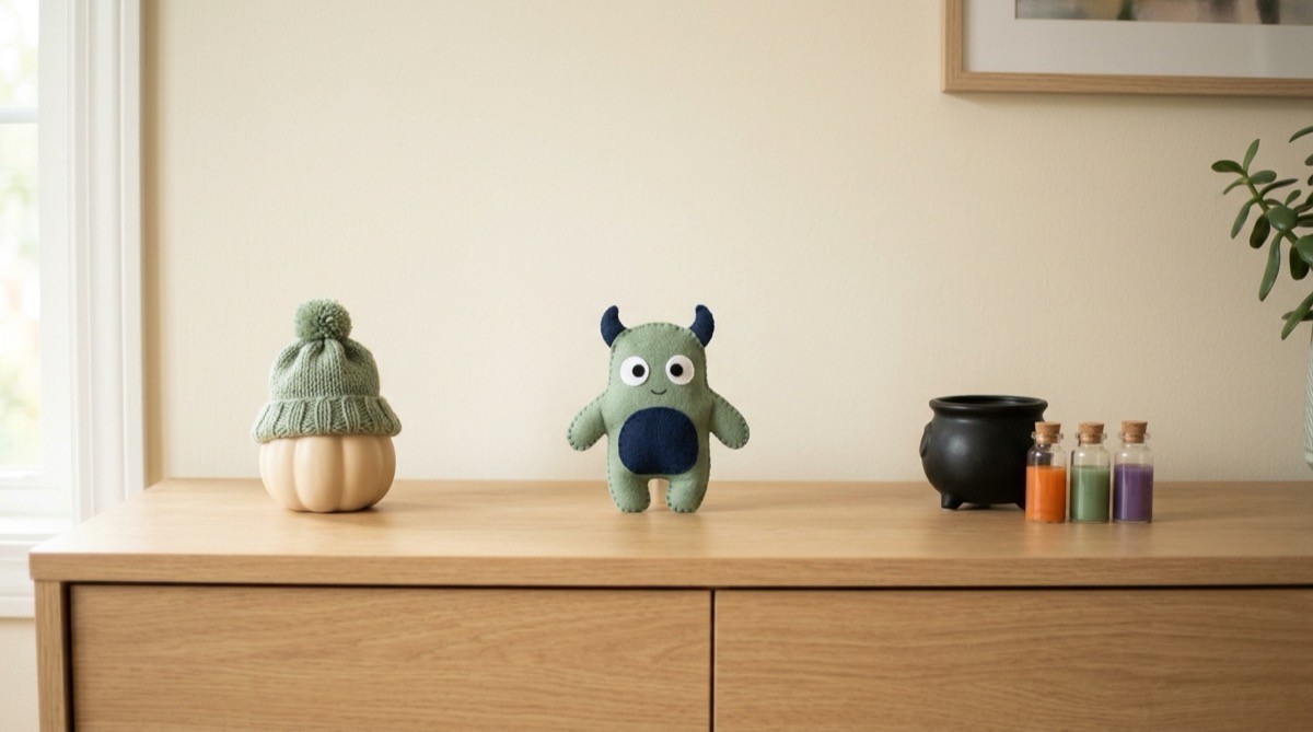 Pumpkin, cartoon monster and cauldron props showing three baby shower themes