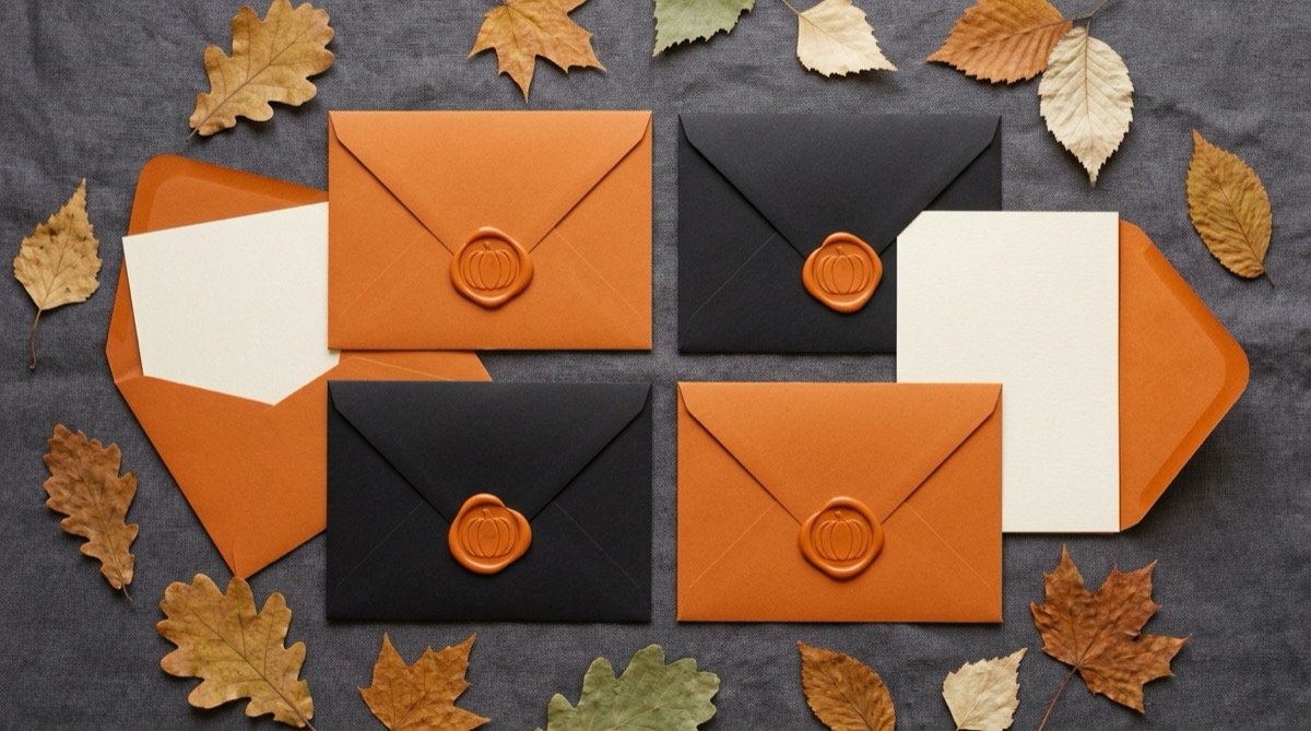 Orange and black envelopes with pumpkin wax seals for baby shower invitations