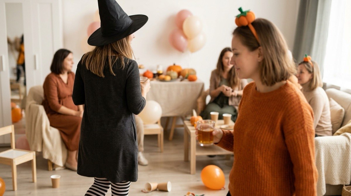 Guests in a witch hat and a pumpkin headband at a costume baby shower