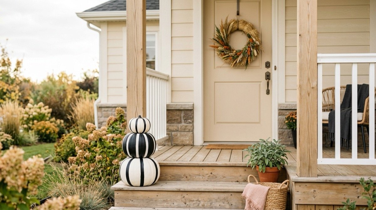 Three painted pumpkins stacked on porch steps beside a straw wreath
