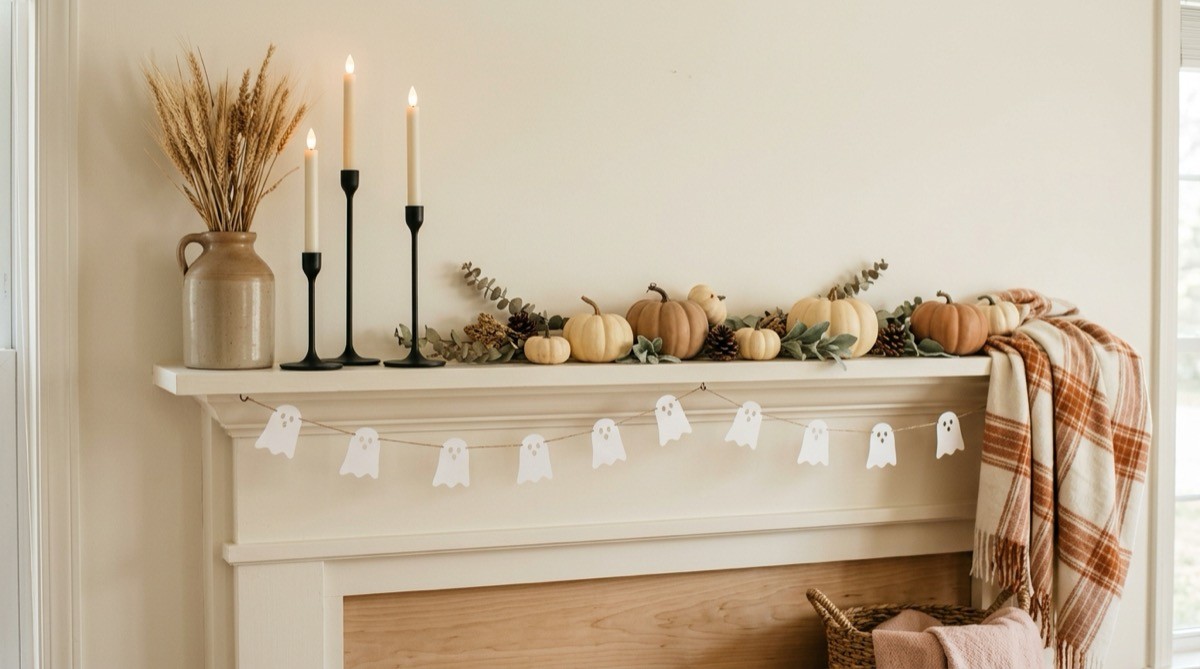 Fall mantel with wheat, cream pumpkins and a paper ghost garland for baby shower decorations
