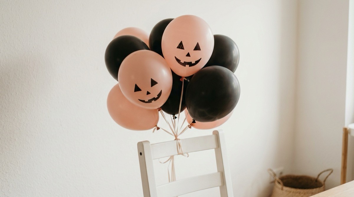 Blush pink and black balloons with drawn jack-o'-lantern faces at a girl's shower