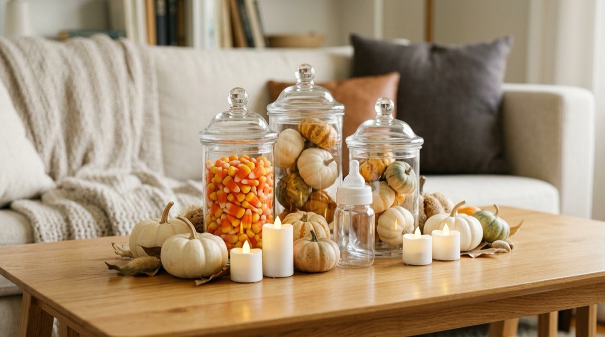 Low centerpiece of candy jars, mini pumpkins and a baby bottle on a shower table