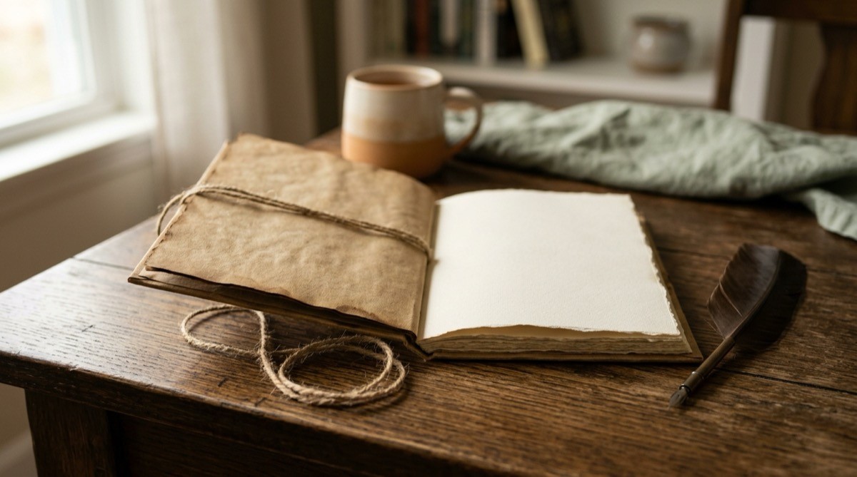 Notebook wrapped in aged brown paper as a spell book guest book