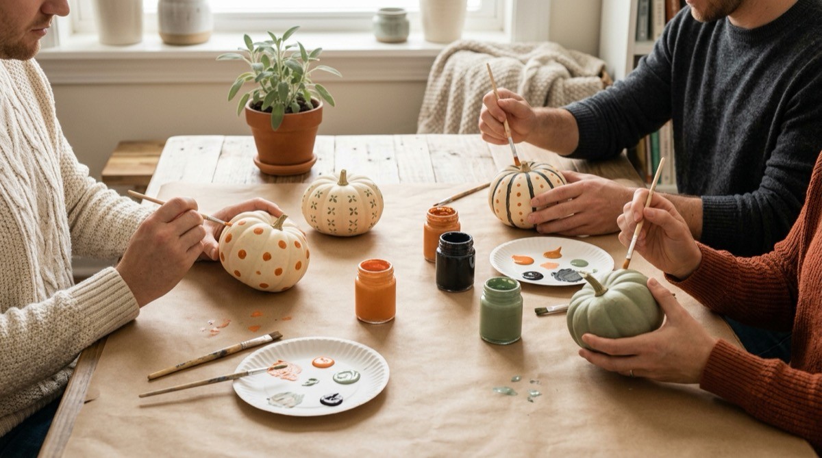 Guests painting small white pumpkins at a baby shower craft table
