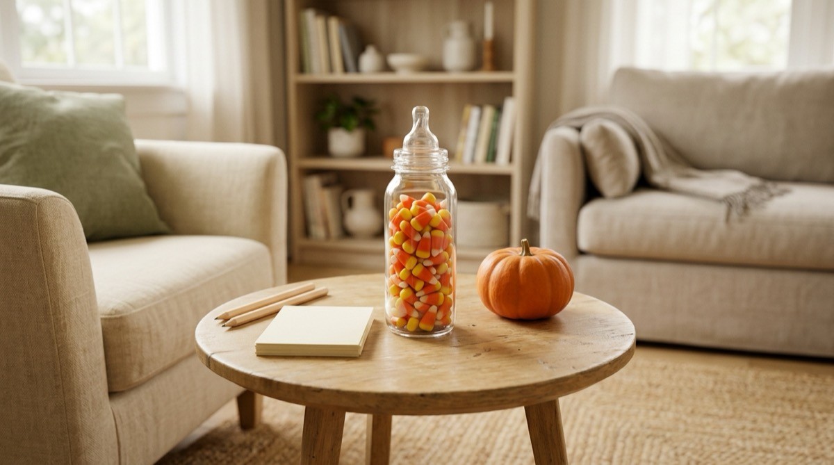 Baby bottle filled with candy corn for a shower guessing game