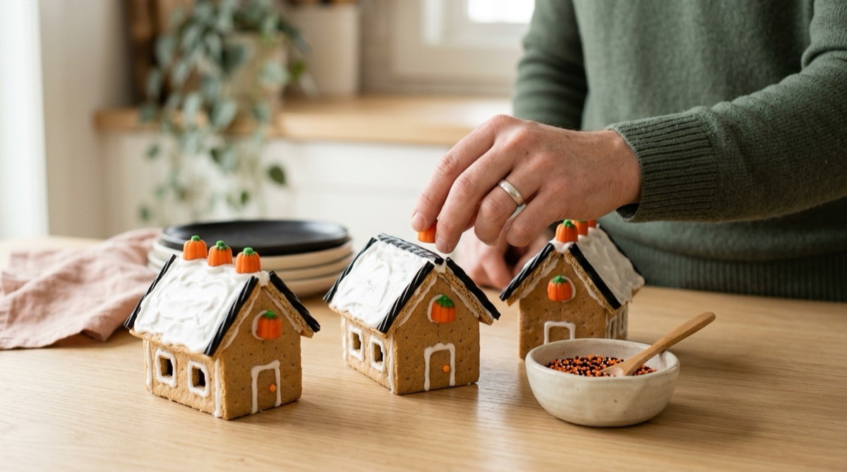 Graham cracker haunted houses decorated with icing and candy pumpkins