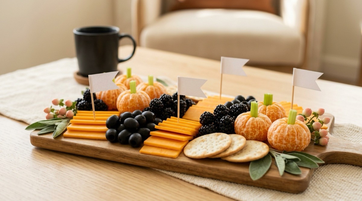 Orange and black grazing board with clementine pumpkins and blackberries