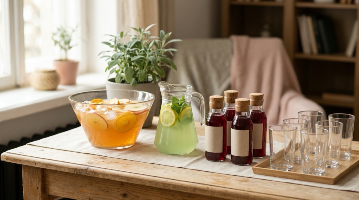 Alcohol-free potion bar with cider punch and green lemonade in glass bottles