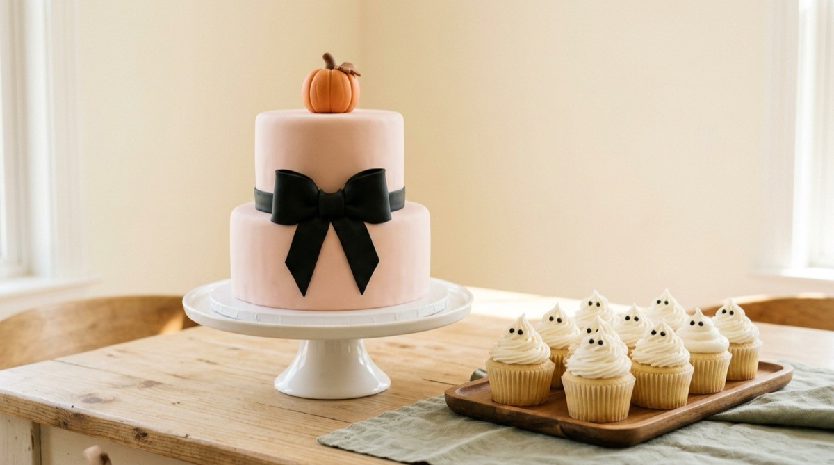 Blush pink two-tier cake with a black bow and fondant pumpkin beside ghost cupcakes