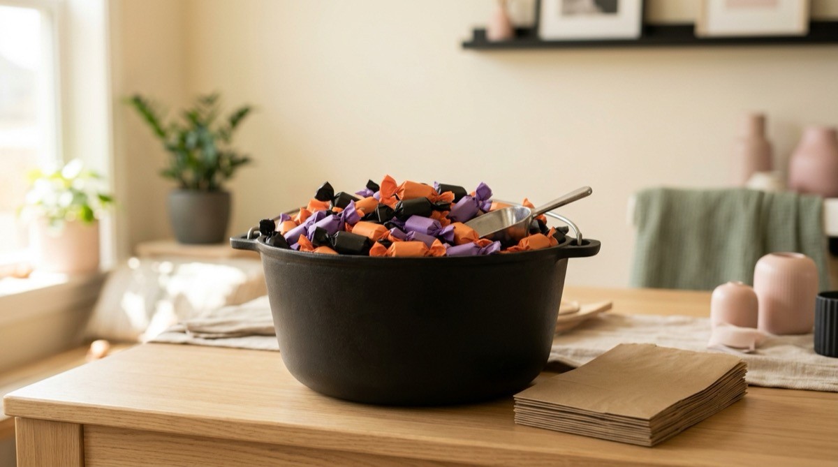 Black cauldron of individually wrapped candy on a shower buffet table