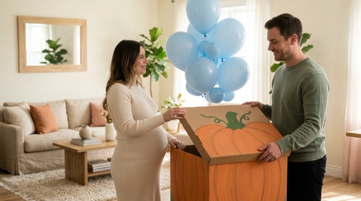Expecting couple lifting a pumpkin box lid as blue balloons rise out