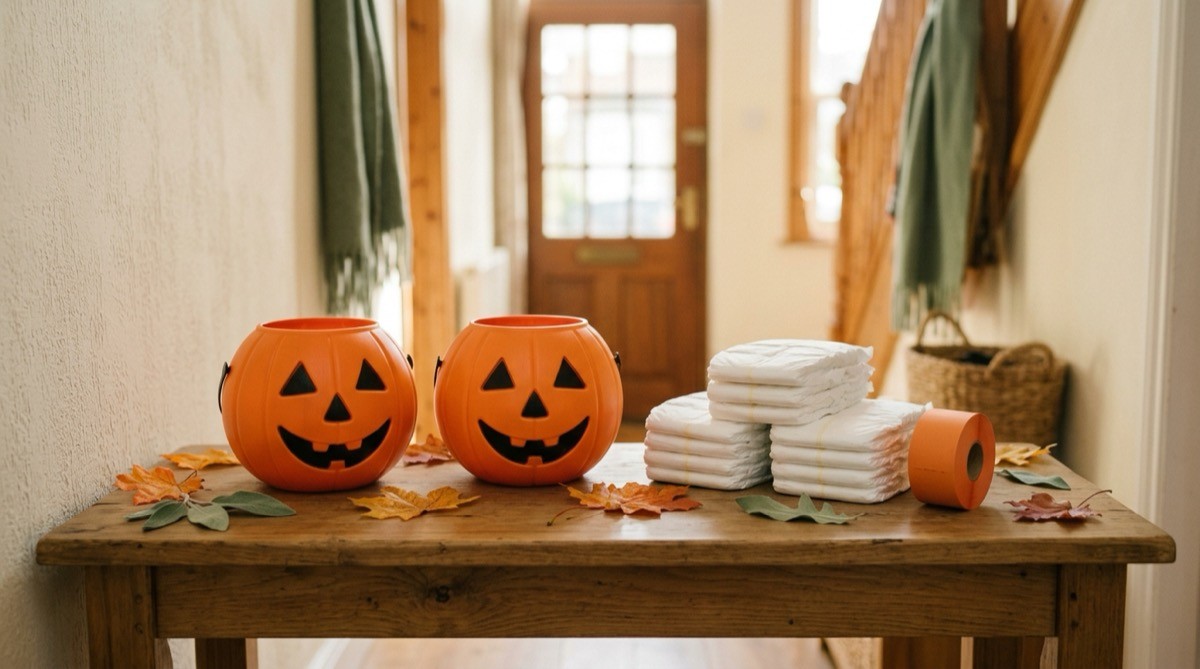 Pumpkin buckets and stacked diaper packs for a baby shower diaper raffle