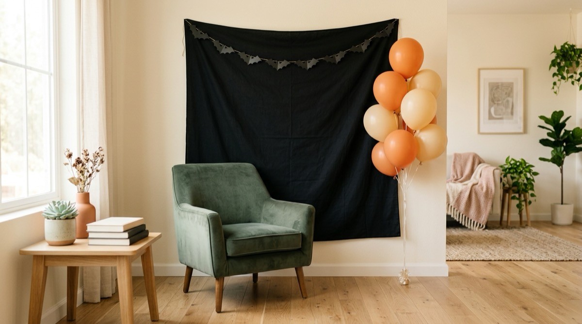 Black backdrop with a paper bat garland and balloons for shower photos
